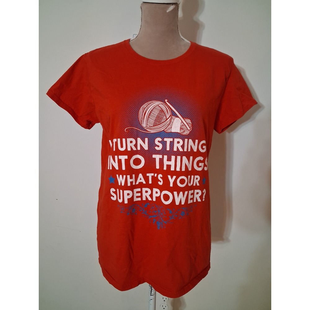 Red Crochet Knitting Graphic T-Shirt I Turn String Into Things Superpower Yarn